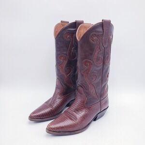 Nine West Western Boots Brown Lizard Leather Inlay Pointed Toe Womens Size 6.5